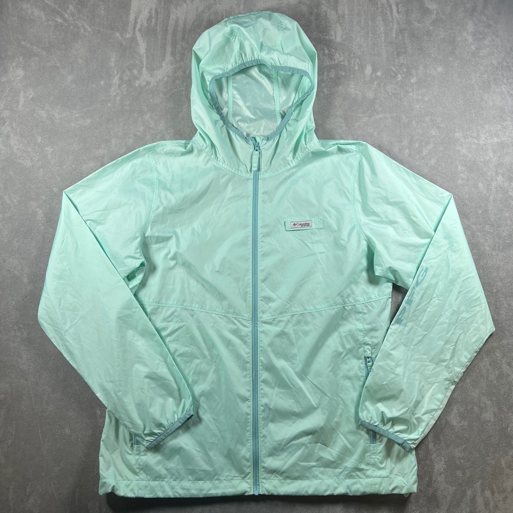 Columbia PFG Windbreaker Mens Medium Mint Green Full Zip Hooded Fishing Jacket